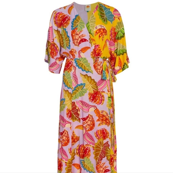 Farm Rio Anthropologie Beaks and Bananas lilac maxi wrap dress size S - Picture 9 of 14